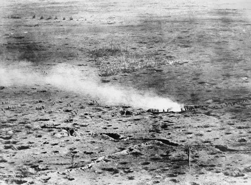 Troops advancing across the Somme battlefield. Photo taken from an aeroplane.