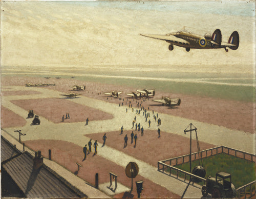 A view looking down on an aerodrome with a stream of pilots crossing the tarmac to reach their planes which stand in the distance. In the upper left a Lockheed Hudson is coming in to land.