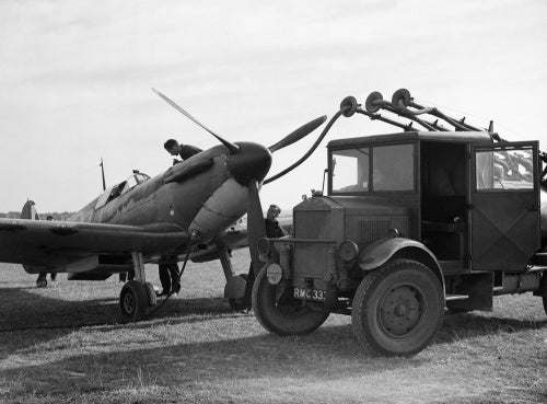 Refuelling a Spitfire of No 19 Squadron at Fowlmere during the Battle of Britain, September 1940.