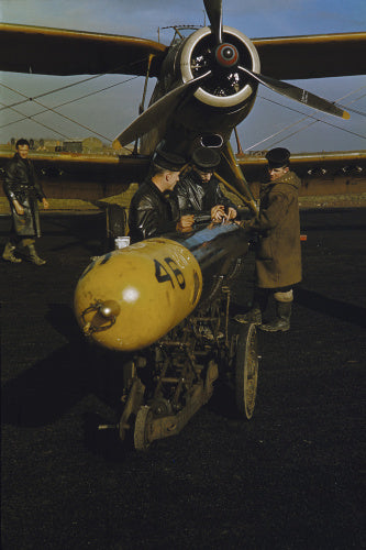 Royal Air Force cadets loading a torpedo onto an Albacore aircraft