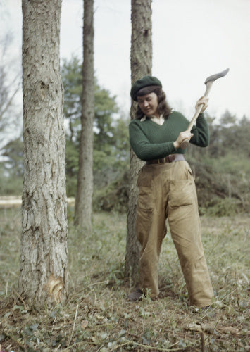Jean Sheehan, a Land Army girl, chopping a tree.