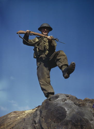 Private T Henderson with fixed bayonet, practises assault.
