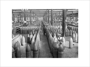 A general view of a warehouse containing 12" shells at the National Filling Factory, Chilwell.