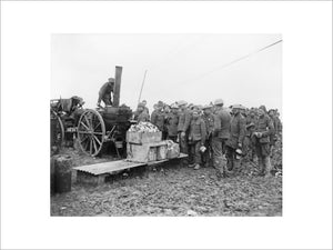 Soldiers waiting by a travelling field kitchen for their dinner, Aveluy, Somme, November 1916.