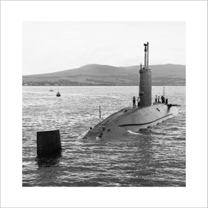 HMS CONQUEROR at Faslane on 3 July 1982 after her deployment to the South Atlantic during which she sank the Argentine cruiser GENERAL BELGRANO on 2 May 1982.