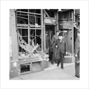 Winston Churchill inspects air raid damage at Ramsgate in Kent, 28 August 1940.