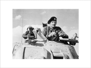 Lieutenant General Bernard Montgomery, commanding the British Eighth Army in North Africa, in the turret of his Grant command tank at El Alamein, 5 November 1942.