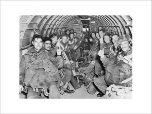 British paratroops inside a Dakota transport aircraft on their way to Holland during 1st Airborne Division's operation to Arnhem, 17 September 1944.