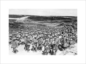 Roll Call of the 2nd Battalion, The Seaforth Highlanders, on the afternoon of the first day of the Battle of the Somme near Beaumont Hamel. The insignia on their sleeves indicates that they were part of the attacking force.