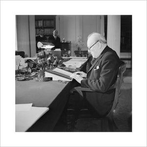 Winston Churchill at the microphone in the Cabinet Office, making his 'VE Day' broadcast to the nation, 8 May 1945.