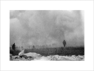 British troops advance to the attack through a cloud of poison gas as viewed from the trench which they have just left.