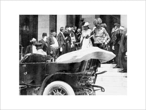 Archduke Franz Ferdinand of Austria and his wife descend the steps of the City Hall, Sarajevo to their motor car, a few moments before their assassination.