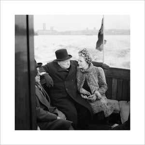Winston Churchill and his wife, Clementine, on board a naval auxiliary patrol vessel during a visit to the London docks, 25 September 1940.