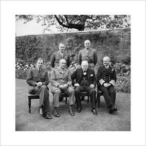 Winston Churchill with his Chiefs of Staff at 10 Downing Street, 7 May 1945. Seated are Sir Charles Portal; Sir Alan Brooke; Sir Andrew Cunningham. Standing are Major General L C Hollis and General Sir Hastings Ismay.
