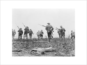 Still from the film "The Battle of the Somme" allegedly showing British troops advancing at the start of the battle on 1 July 1916. It is now accepted that this scene was staged for the camera at a training school behind the lines.