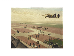A view looking down on an aerodrome with a stream of pilots crossing the tarmac to reach their planes which stand in the distance. In the upper left a Lockheed Hudson is coming in to land.