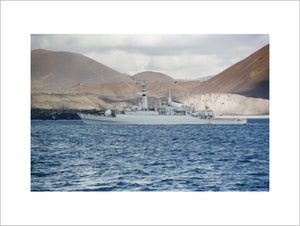 HMS ANTELOPE at Ascension Island, ten days before she was sunk by Argentine bombs in San Carlos Water in the Falklands War, May 1982.