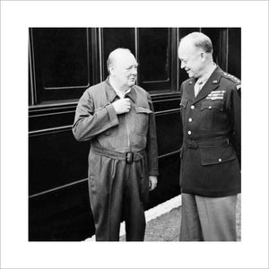 Winston Churchill shows off his famous 'siren suit' to General Dwight D Eisenhower, during a tour of Allied invasion forces in Kent, 12 May 1944.