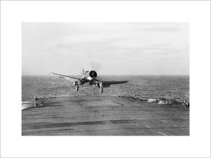A Chance-Vought Corsair landing aboard HMS ILLUSTRIOUS, December 1943.