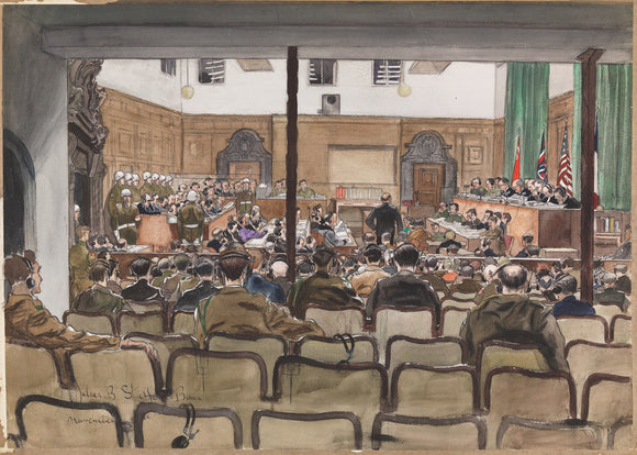 Nuremberg, the Trial : A general view of the crowded court when the Nazi conspirators faced the International Military Tribunal. The Rt Hon Sir David Maxwell Fyfe, KC is seen conducting the prosecution.