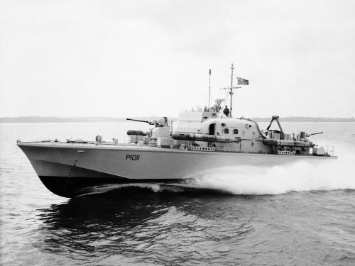 HMS BRAVE BORDERER, a fast patrol boat, during trials in the Solent, January 1960.