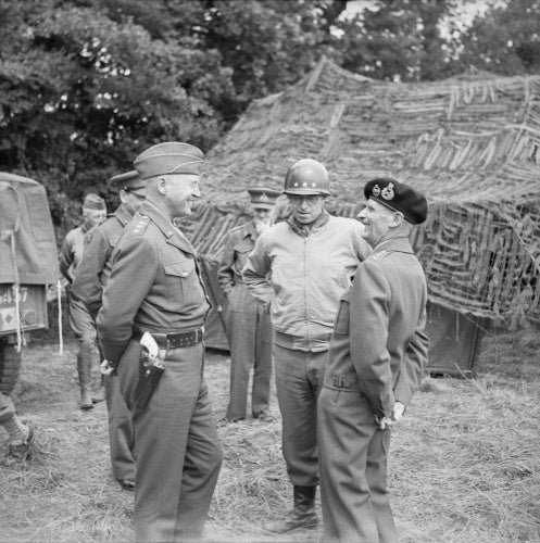 General Montgomery with Generals Patton (left) and Bradley (centre) at 21st Army Group HQ, Normandy, 7 July 1944.