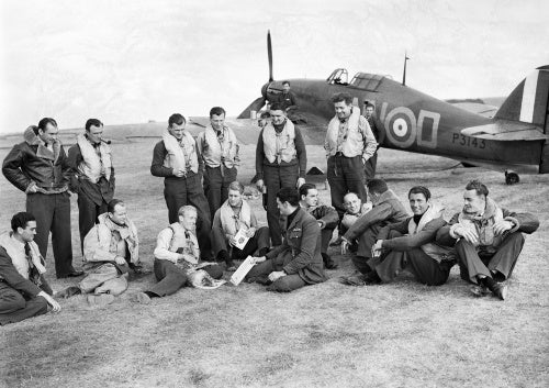 Pilots of No. 310 (Czechoslovak) Squadron RAF in front of Hawker Hurricane Mk I at Duxford, Cambridgeshire, 7 September 1940.