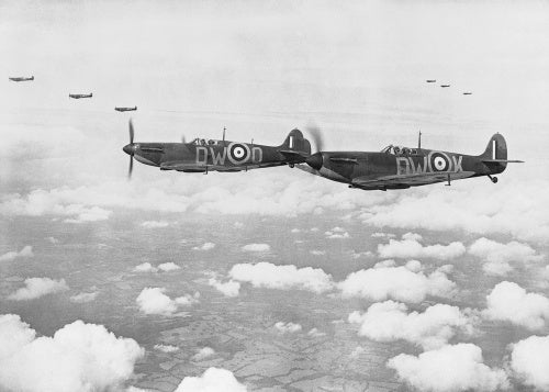 Supermarine Spitfire Mark Is of No. 610 Squadron based at Biggin Hill, flying in 'vic' formation, 24 July 1940.