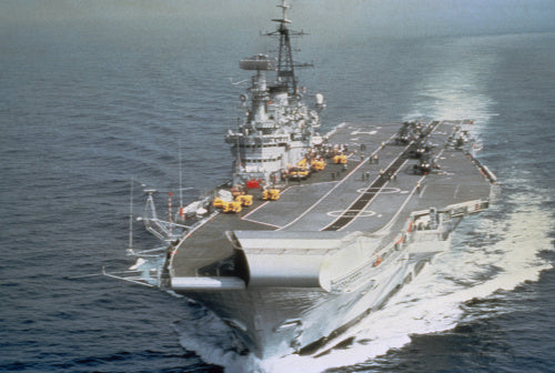 The Royal Navy aircraft carrier HMS HERMES underway in the 1980s.