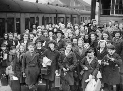 A group of evacuees from Bristol arrive at Brent railway station near Kingsbridge in Devon during 1940.