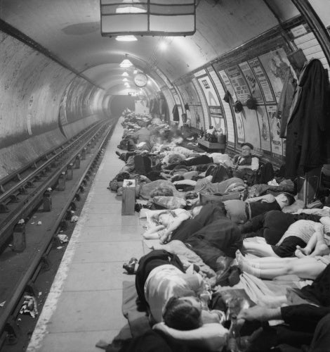 Civilians sheltering in Elephant and Castle London Underground Station during an air raid in November 1940.