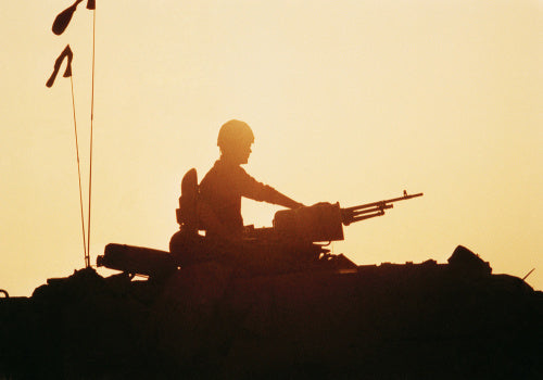 Silhouette of a British Challenger tank commander during the Gulf War, 1991.