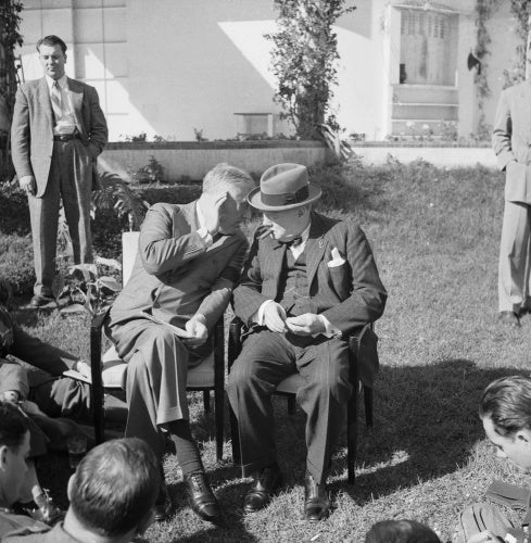 President Franklin D Roosevelt confers with Winston Churchill at a press conference during the Casablanca Conference, 24 January 1943.
