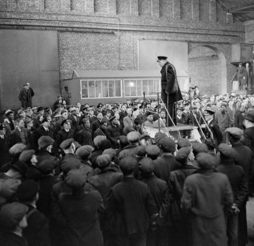 Winston Churchill addressing merchant ships' crews and dockers at Liverpool, April 1941.
