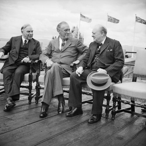 Canadian Prime Minister Mackenzie King, with President Franklin D Roosevelt, and Winston Churchill during the Quebec Conference, 18 August 1943.