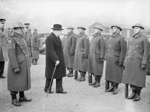 Winston Churchill inspects the 1st American Squadron of the Home Guard on Horse Guards Parade, London, 9 January 1941.
