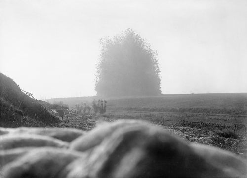 The mine under German front line positions at Hawthorn Redoubt is fired 10 minutes before the assault at Beaumont Hamel. First day of the Battle of the Somme, 1 July 1916.
