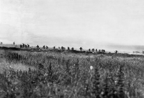 Infantry from 103rd (Tyneside Irish) Brigade, 34th Division, advancing to attack La Boisselle on the morning of 1 July 1916, the opening day of the Battle of the Somme.