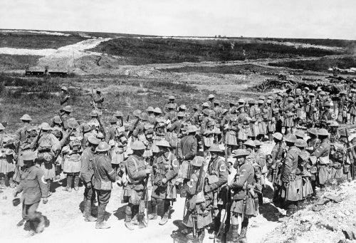 Roll Call of the 2nd Battalion, The Seaforth Highlanders, on the afternoon of the first day of the Battle of the Somme near Beaumont Hamel. The insignia on their sleeves indicates that they were part of the attacking force.