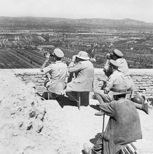 Winston Churchill and General Sir Harold Alexander watching an attack on a German-held ridge in Italy, 26 August 1944.
