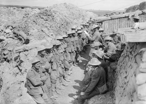 Roll call of the 1st Battalion, Lancashire Fusiliers on the afternoon of 1 July 1916, following their assault on Beaumont Hamel during the opening day of the Battle of the Somme.</br></br></br>