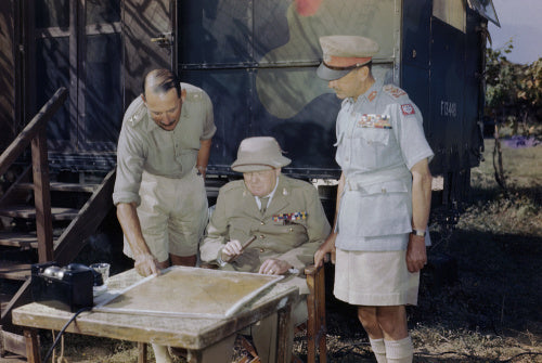 Winston Churchill discussing the battle situation in Italy with the Commander of the Eighth Army, Lieutenant General Sir Oliver Leese (left) and the Supreme Allied Commander Mediterranean, General Sir Harold Alexander, 26 August 1944.