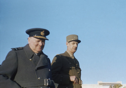 Winston Churchill with General de Gaulle during an inspection of French troops at Marrakesh in Morocco, January 1944.