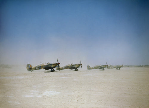 Hawker Hurricane Mark IID 'tank busters' of No. 6 Squadron about to take off from Gabes in Tunisia, 6 April 1943.