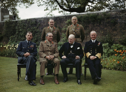 Winston Churchill with his Chiefs of Staff in the garden of 10 Downing Street, 7 May 1945.