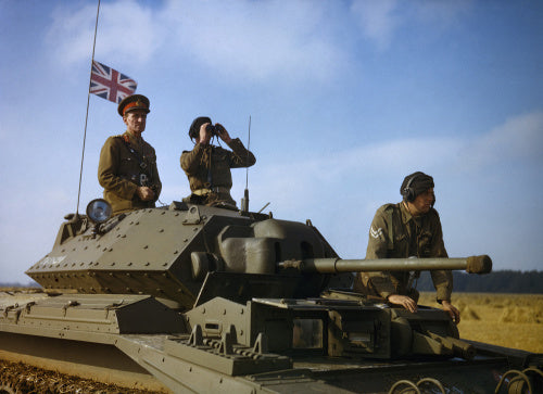 The Commander-in-Chief Home Forces, General Sir Bernard Paget, in the turret of a Crusader tank of 42nd Armoured Division during a large-scale exercise near Malton in Yorkshire, 29 September 1942.