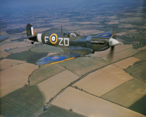 Spitfire Mark VB, AD233 'ZD-F', being flown by the Commanding Officer of No.222 Squadron RAF, Squadron Leader Richard Milne, when based at North Weald, Essex.