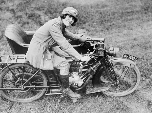 A motorcyclist with the Women's Royal Air Force (WRAF) on a Clyno motorcycle combination.