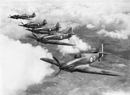 Six Hurricane Mark Is of No. 73 Squadron RAF, based at Rouvres, France, flying in loose echelon formation.