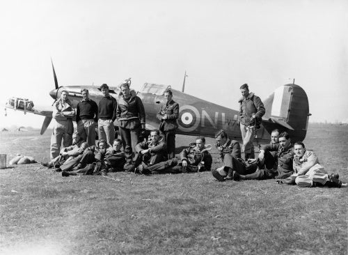 Pilots of No. 33 Squadron RAF, at Larissa, Greece, with Hawker Hurricane Mark I, V7419, in background.